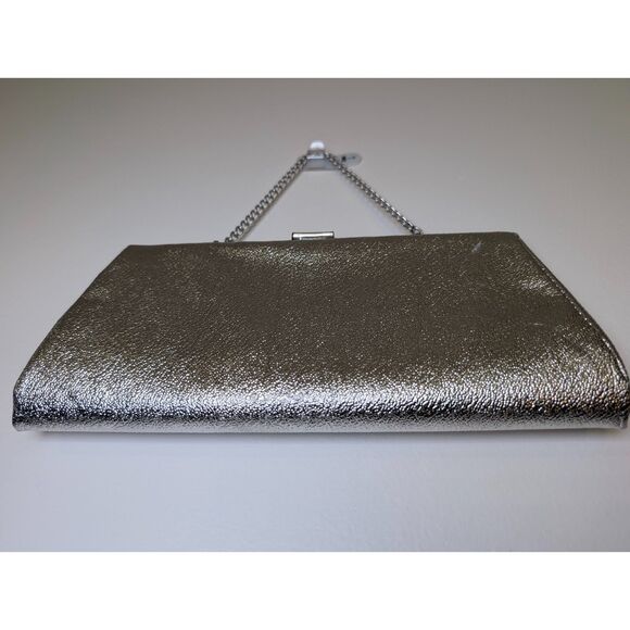 Silver Metallic Kisslock Clutch Evening Bag Prom Wedding Formal Glam Old Money - Picture 6 of 8